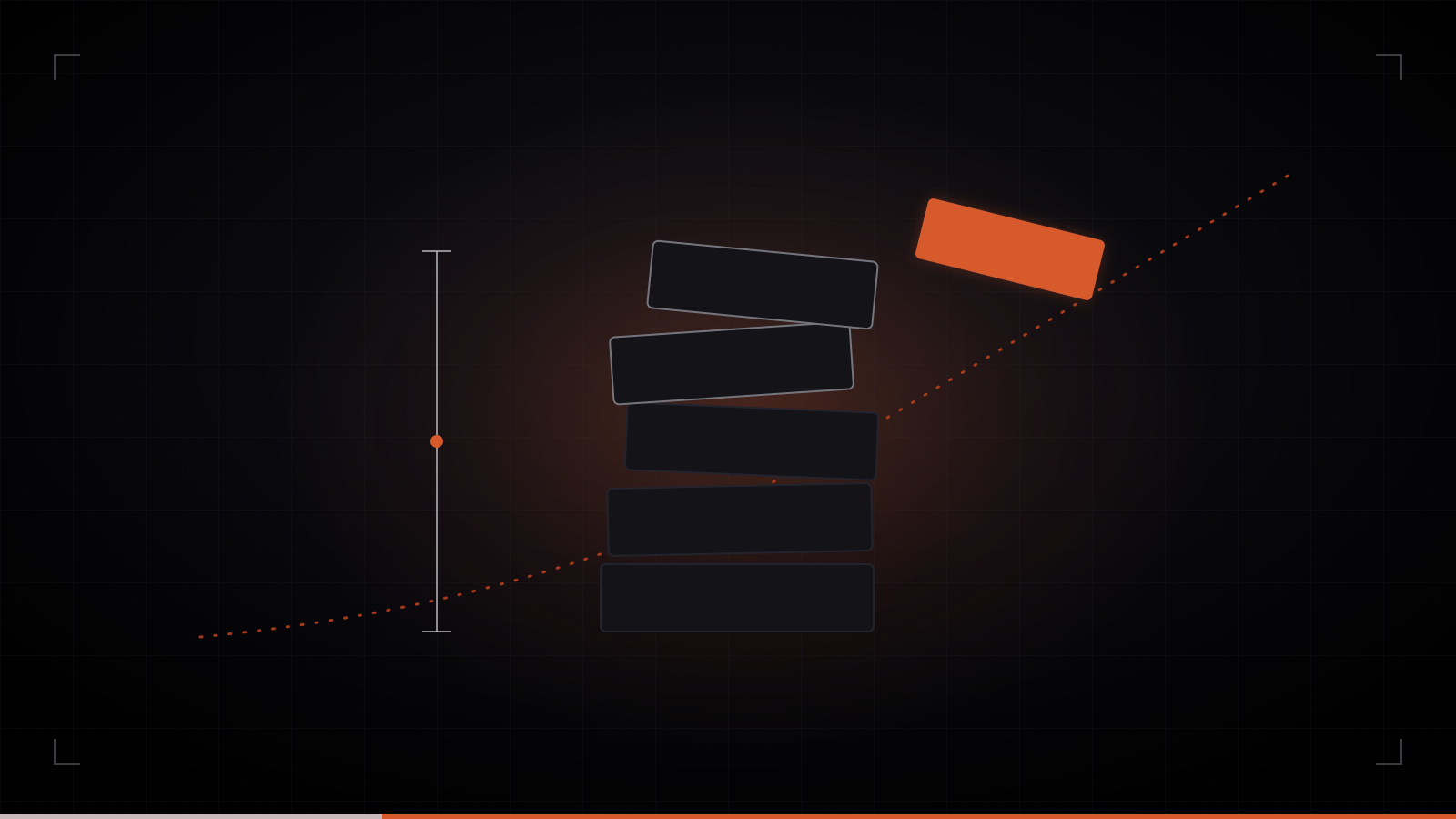 Abstract illustration of a leaning tower of blocks with one orange block slipping off, alongside a rising dotted interest curve